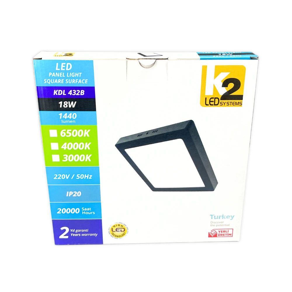 K2 18W Sıvaüstü Kare Panel Led Armatür Siyah Kasa 3000K(Günışığı) - 5