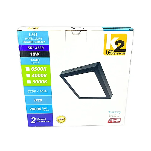 K2 18W Sıvaüstü Kare Panel Led Armatür Siyah Kasa 3000K(Günışığı) - 5
