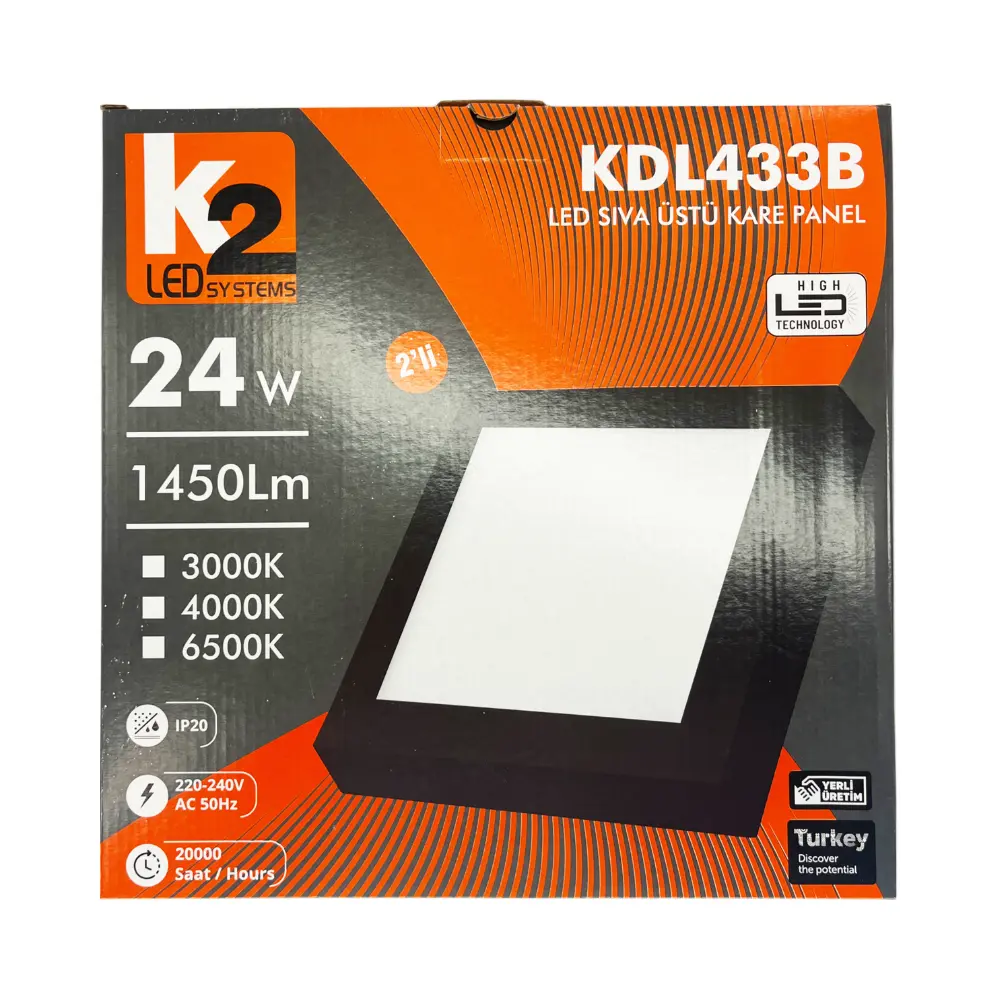 K2 24W Sıvaüstü Kare Panel Led Siyah Kasa 6500K (Beyaz) KDL433B - 5