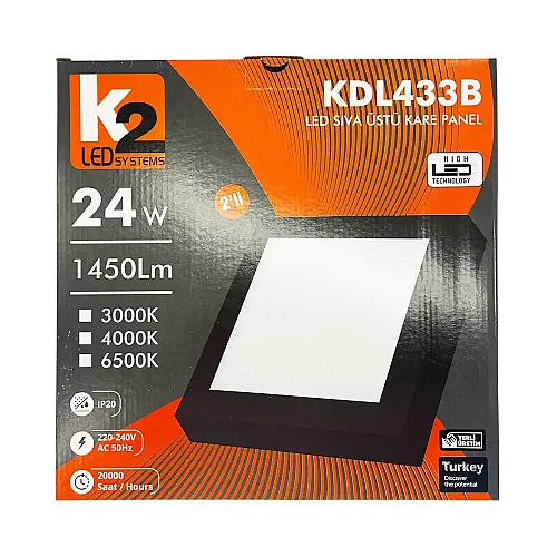 K2 24W Sıvaüstü Kare Panel Led Siyah Kasa 6500K (Beyaz) KDL433B - 5